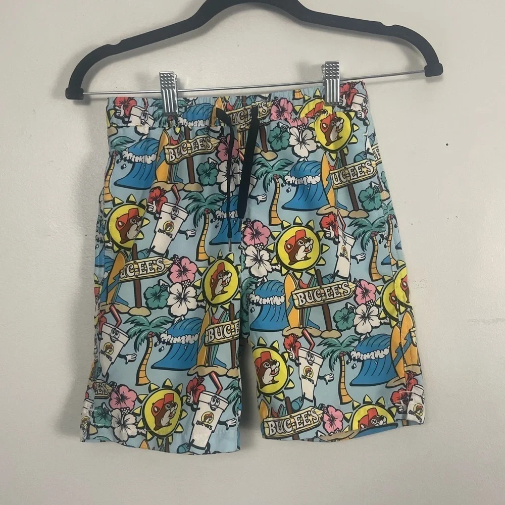 Buc-ees Beaver YS Boys Swim Trunks Shorts Palm Trees Beach Tropical Cartoon